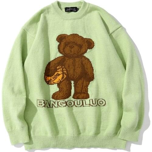 Hip Hop Streetwear Men Sweaters Teddy Bear Pattern Harajuku Retro Cotton Oversize O-neck Pullover Autumn Fashion Mans Sweaters