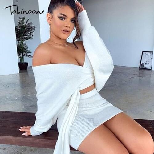 Tobinoone knitted two-piece suit sexy autumn Dress women elegant winter sweater dress Sexy female fashion party short dress