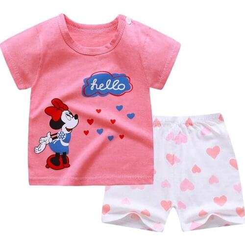 Summer Cartoon Pink Minnie Kids Girls Clothes Short Sleeve Tops+ Shorts 2pcs Baby Boys Girls Clothing Sets Fashion Sport Suit