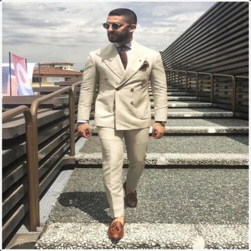 TPSAADE Latest Coat Pant Designs Beige Double Breasted Linen Men Suit Slim Fit Summer Custom Blazer Masculino 2 Piece Jacket