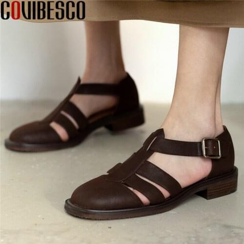 COVIBESCO Women Pumps Gladiator Genuine Leather Round Toe Low Heels Spring Summer Retro Concise Casual Comfortable Shoes Woman