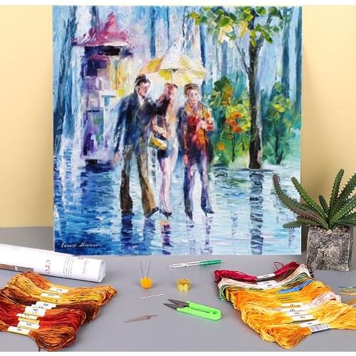 Together In The Rain Printed 11CT Cross-Stitch Embroidery Set DMC Threads Sewing Handicraft Hobby Needlework Design Needle