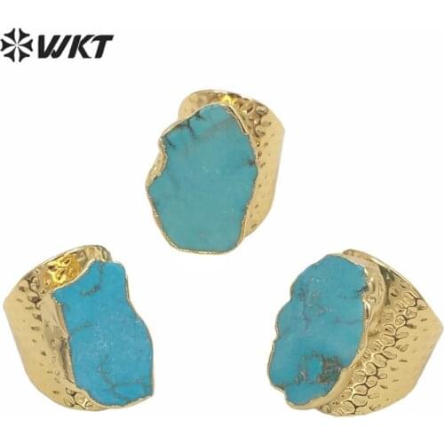 R126 WKT wholesale new stunning cigar band stone rings in gold color, natural green howlite stone rings in free shipping