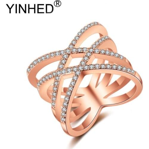 YINHED New Trendy Double Cross X Shape Ring Rose Gold Color Cubic Zirconia Ring Jewelry for Women Party Wedding Jewelry ZR487