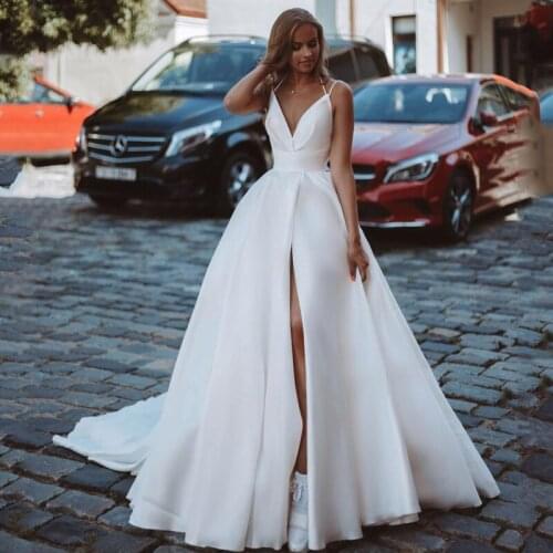 Eightree Sexy V-neck White Wedding Dress Sleeveless Satin A-Line Backless Slit Side Bridal Evening Gown Long Dresses Custom Size