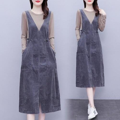 Womens Corduroy Patchwork Loose Dress 2021 Autumn Long Sleeve Slim Casual Blouses Blusas Robe Vintage Dresses Clothes For Ladies