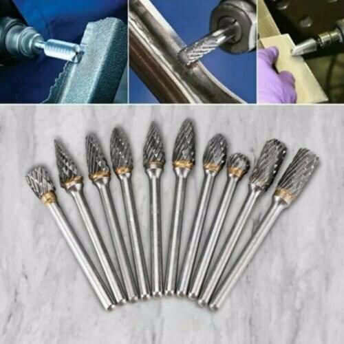 10PCS Boxed Grinder Shank Drill Bit 1/4 Double-cut Tungsten Carbide Rotary Burr Mold Grinding Metalworking Small Rotating Tools