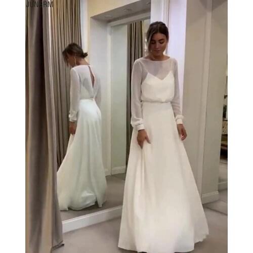 2021 Bohemian Simple Long Sleeve Wedding Dress A Line Open Back Modest Plus Size Custom Made Women Chiffon Bridal Gowns