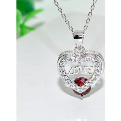 S925 Sterling Silver Lovers Heart Shape Pendant Wine Red Natural Garnet Rhinestone Crystal Setting 18'' Chain Necklace 3pcs