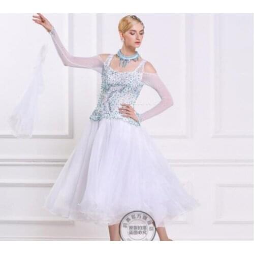 Customize white blue Rhinestone ballroom dresses woman waltz ballroom dresses ladies ballroom dresses latin waltz dance dress