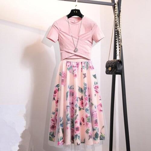 Comelsexy Summer Women 2 Piece Set 2021 Fashion Pink Cotton Bowknot Short T Shirt + Mesh Floral Print Big Swing Long Skirt Suits