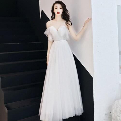 Women Elegant Prom Dresses White Spaghetti Strap Tulle Long Prom Gown Evening Party Dress Robe De Soiree