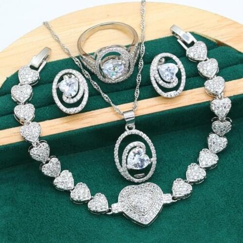 Dubai Wedding Silver Color Jewelry Set for Women Heart Shaped White Zircon Bracelet Long Earrings Necklace Ring Christmas Gift