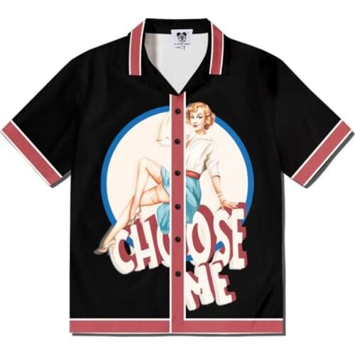 Kpop Preppy Style Girl Printing Hawaiian Shirt Men Luxury Brand Loose Short Sleeve Button Up Shirts Masculino Clothes For Teens