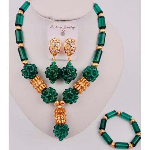 Graceful Teal Green Nigerian Traditional Wedding Beads Necklace African Jewelry Set for Women ZQ7-5