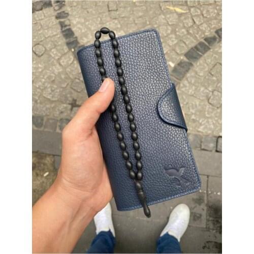 Karali Leather Phone Compartment Navy Blue Genuine Leather Wallet-kuka Rosary Gift