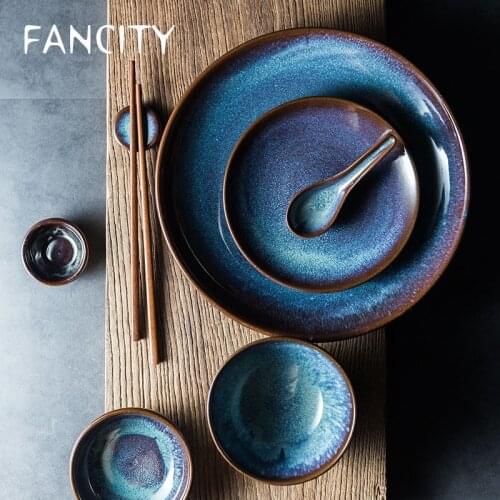 FANCITY Creative stoneware tableware European style kiln glazed rice bowl steak plate salad plate western food plate chopstick h