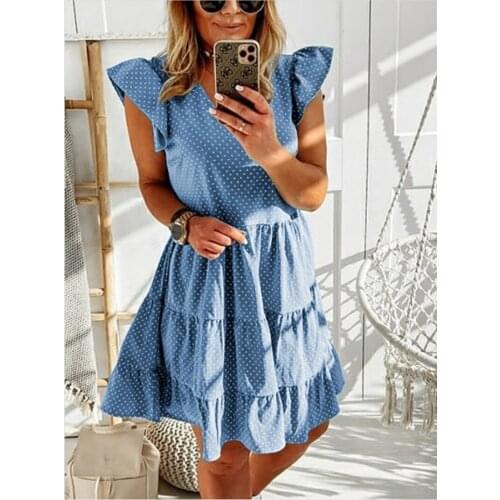 Summer Women Mini Dresses 2021 Sexy V Neck Dotting Print Beach Dress Fashion Party Ruffles Short Sleeve A-Line Mini Sundress