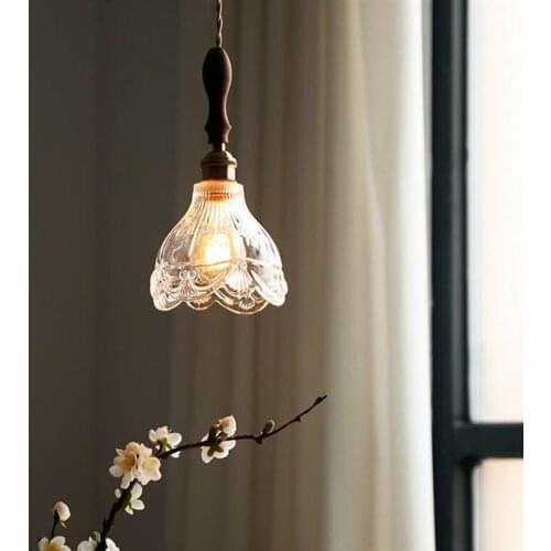 Japanese Style Clear Glass Small Pendant Light Walnut Wood Bedroom Bedside Restaurant Lounge Tea Room Bar Decor Hanging Lighting