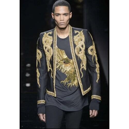 Hand-Made Fashion Men Blazers Suits Jacket Flat Collar Suit Wedding Royal Gown Gold Beaded Slin Fit Suits Male Party Groom