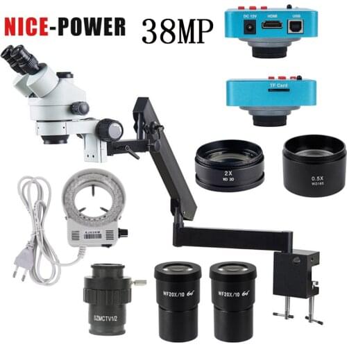 Newest 3.5X-180X Simul-Focal Double Boom Stand Trinocular Stereo Zoom Microscope 38MP 2K HDMI Camera 144 LED Light Microscopio
