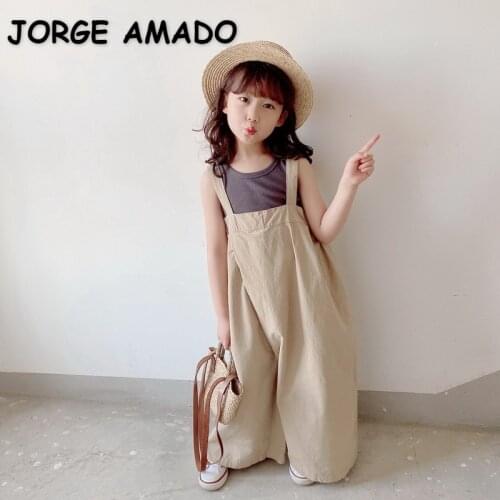 2021 New Japanese Style Spring Baby Girls Overalls Pants Solid Color Elastic Waist Loose Style Kids Casual Clothes E2111