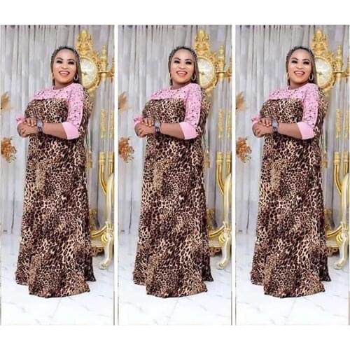 New Style African Fashion Womens Clothing Dashiki Leopard Grain Print Lace Stitching Long Dress Free Size