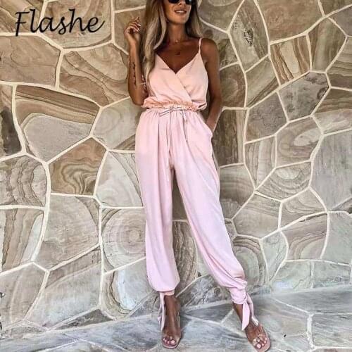 New Deep V Neck Long Jumpsuit Women Fashion V Neck Sleeveless Loose High Waist Bodysuit Women Rompers Ladies Overalls Playsuits