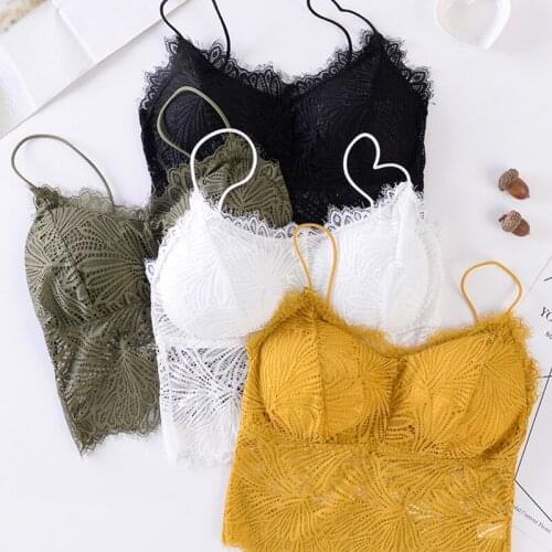 Solid Color Female Fashion Wireless Bra Padded Bralette Deep V Lace Bras Summer Crop Top Embroidery Floral Tank Top