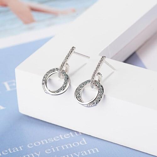 Silver Plated Simple Geometry Double Ring Round Earrings Exquisite Micro Zircon Jewelry Korean Fashion Womens Earrings