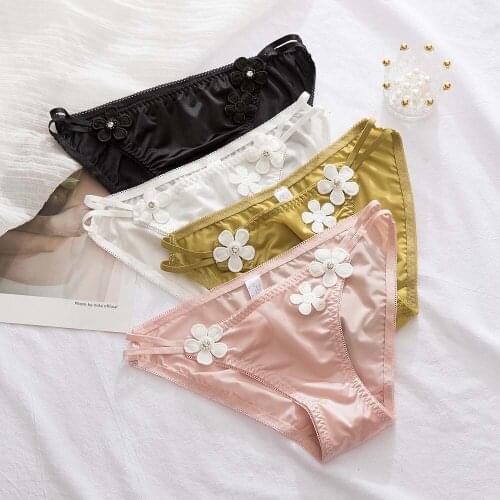 Silky Satin Briefs Japanese Girls Flowers Sexy Womens Panties Underwear Low-waist Briefs Underpants