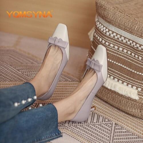 YQMSY Fashion Shoes For Women Butterfly-knot Office Career Square Toe High Heels Pumps New Thin Heels Mixed Colors Pumps AS46