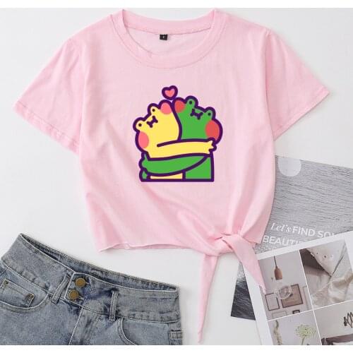 Cute Frog Couple Hug Crop Top Womens Summer Casual Short-sleeve Printing Cotton T-shirt Cropped Tops Graphic Tee with Front Knot