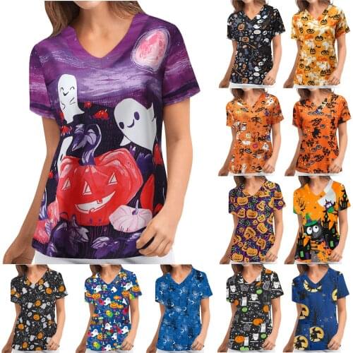 Nurse Uniform Women Plus Size Short Sleeve V-neck Tops Clinic Working Uniform Female Blouse Halloween Print T shirts Care Worker