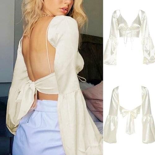 Womens New Lantern Sleeve V-Neck Bandage Halter Slim Sexy All-Match T-Shirt Apricot