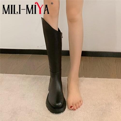 MILI-MIYA Top Quality Leather Platform Chunky Heels Knee High Boots Round Toe Winter Zipper Dress Casual Shoes Plus Size 34-43