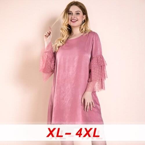Female Spring Autumn Plus Size Dress Ruffles Clothing Women Large Loose Elegant Casual Pagoda Long Sleeve Lace O-neck Dresses