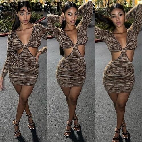 SSEURAT Women Mini Dress Print Long Sleeve V-neck Skinny Bodycon Dresses Sexy Night Party Vestidos Autumn Outfits
