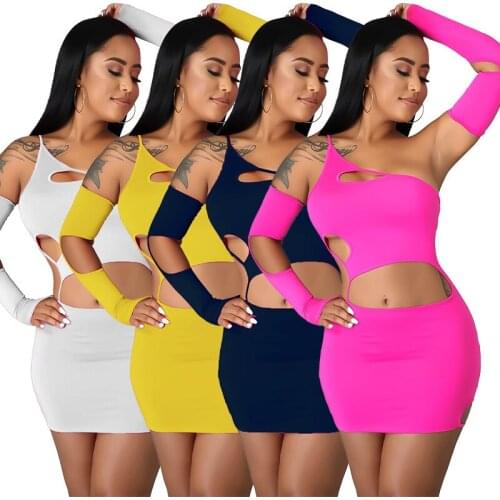 Elegant Hollow Out Bodycon Mini Women Dress Sexy One Shoulder Sling Backless Evening Club wear Party Dresses Sundress Robe