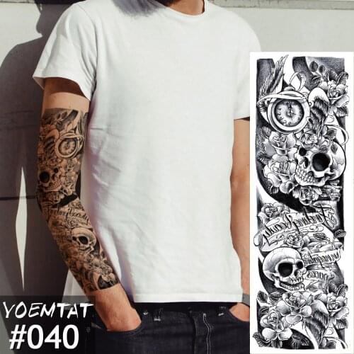 New 1 Piece Temporary Tattoo Sticker Skull Rose Full Flower Tattoo with Arm Body Art Big Large Fake Tattoo Sticker