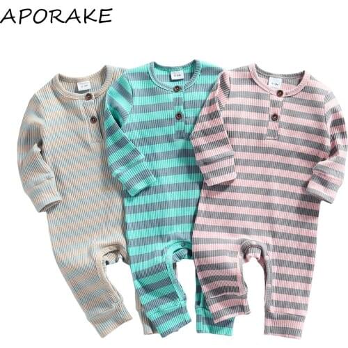 2021 0-12M Newborn Baby Long Sleeve Romper with Horizontal Stripes Print Boys Girls Bottom Button Casual Spring Fall Outfit