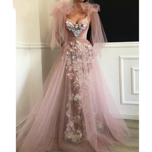 3D Flower Prom Dresses 2020 Lace Applique Dusty Pink Elegant Prom Gown Formal Dress Robe de soiree vestido de festa casamento