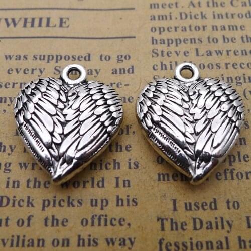 4 pieces/lot 18*21mm Heart Feather Plumage love Charm Antique silver color Metal alloy Necklace Pendant Bracelet Key chain DIY