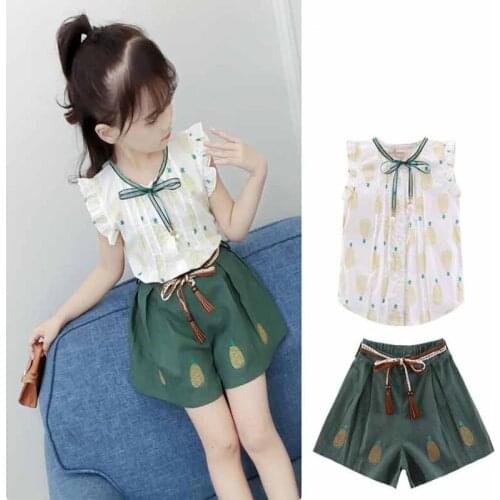 5pcs/lot High-quality Summer Girl Clothes Pineapple Shirt &Jeans Shorts 2 PCS Girls Clothing Sets Suit Clothes Girls Clothes