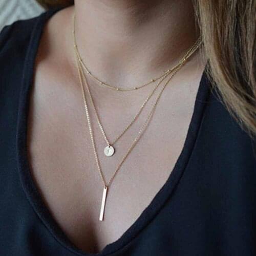 FAMSHIN 2019 Womens Fashion Jewelry Colar 1pc European Simple Gold Silver Plated Multi Layers Bar Coin Necklace Clavicle Chains