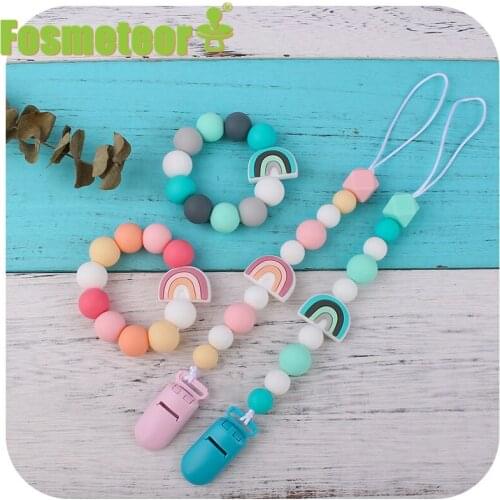 Fosmeteor 2Pcs/Set Rainbow Balloon Food Grade Silicone Products Teethers Bracelet and Teething Cute Soother Pacifier Clips Chain