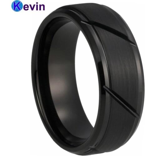 CLASSIC 8mm Black Tungsten Carbide Ring Grooved Wedding Band Step Bevel Edges Comfort Fit