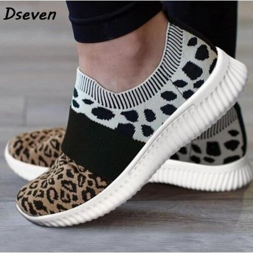 Spring Autumn Thick-soled Leopard-print Knitted Woman Casual Shoes Womens Stretch Sports Shoes Ladies Sneakers Comfortable