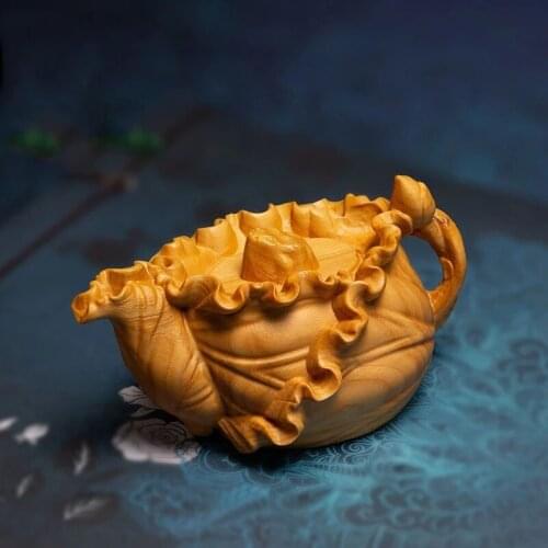 Small Objects Lotus Leaf Adult Toy Pot Boxwood Carving Crafts Wenwan Hand Piece Home Decoration Creative Tea Toys