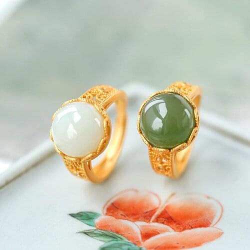 Original S925 Silver Plated Inlaid Hetian Jade Gray Jade Retro Female Cheongsam Matching Pattern Ring Ancient Style Open Ring